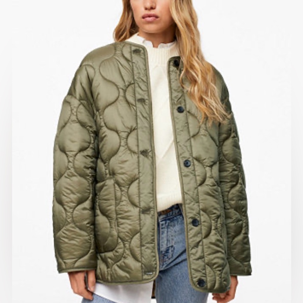 Mango Quilted Bomber Jacket in Olive Green